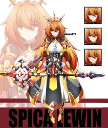 1girl armor breasts character_name closed_mouth corset dress frills full_body gloves hair_between_eyes halo highres holding holding_staff holding_weapon large_breasts long_hair looking_at_viewer mecha_musume multiple_expressions multiple_views orange_hair original oshimaru026 puffy_sleeves red_eyes staff very_long_hair weapon zoom_layer