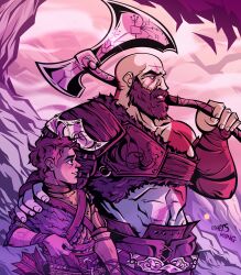 2boys absurdres arm_on_another&#039;s_shoulder arrow_(projectile) atreus axe bald beard bishounen bodypaint bow_(weapon) closed_mouth colored_skin cometsrising commentary english_commentary facial_hair father_and_son god_of_war highres holding holding_arrow holding_axe holding_weapon kratos_(god_of_war) male_focus monochrome multiple_boys muscular muscular_male outdoors pale_skin quiver short_hair signature tattoo teeth weapon white_skin