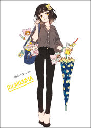 1girl bag bendy_straw black_hair black_pants black_shoes blue_umbrella brown_eyes brown_hair brown_shirt closed_mouth collarbone collared_shirt cup denim disposable_cup dress_shirt drink drinking_straw female_focus full_body gradient_hair hair_ornament hakusai_(tiahszld) head_tilt holding holding_cup holding_strap jeans jewelry light_smile multicolored_hair original pants pendant puffy_short_sleeves puffy_sleeves rilakkuma san-x shirt shoes short_sleeves shoulder_bag solo stuffed_animal stuffed_toy teddy_bear twitter_username umbrella white_background