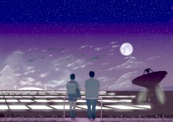 Rule 34 | 1boy, 1girl, bad id, bad pixiv id, bridge, cloud, couple, from behind, full moon, grass, hetero, moon, night, original, radio telescope, road, school uniform, shiira, sky, star (sky), starry sky, telescope