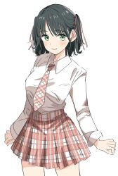 1girl alternate_costume bien_(djpwjd1) black_hair breasts closed_mouth collared_shirt commentary cowboy_shot dress_shirt green_eyes hair_ribbon highres link!_like!_love_live! long_sleeves looking_at_viewer love_live! medium_breasts medium_hair miniskirt momose_ginko necktie pink_necktie pink_ribbon pink_skirt plaid_clothes plaid_necktie plaid_skirt pleated_skirt ribbon shirt simple_background skirt smile solo standing symbol-only_commentary two_side_up virtual_youtuber white_background white_shirt