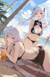 2girls bare_arms bare_shoulders beach_mat bikini black_bikini black_choker black_sarong bow breasts choker cleavage cup day drinking_glass dutch_angle floating_hair hair_bow highres holding holding_cup large_breasts long_hair looking_at_viewer lying medium_breasts multi-strapped_bikini_bottom multi-strapped_bikini_top multiple_girls navel on_stomach open_mouth original outdoors pray_(furei) red_eyes sarong seiza sitting smile stomach string_bikini swimsuit thighs tree two_side_up white_hair yellow_eyes