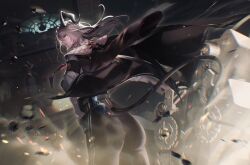 1girl armband ass black_armband black_eyes black_gloves black_horns black_jacket black_pants black_tail commentary_request curled_horns demon_tail gloves grey_hair hand_on_own_hip highres horns indoors jacket jacket_on_shoulders l_lp_q long_hair looking_at_viewer multicolored_eyes multicolored_hair pangu_terminal_(wuthering_waves) pants parted_lips profile red_eyes shirt solo streaked_hair tail two-tone_eyes white_shirt wuthering_waves zani_(wuthering_waves)