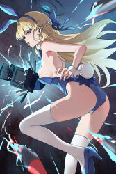 1girl absurdres animal_ears aqua_bow blue_archive blue_eyes blue_hairband blue_halo blue_leotard bow colored_eyelashes detached_collar earpiece fake_animal_ears fake_tail hair_bow hairband halo high_heels highleg highleg_leotard highres leotard looking_at_viewer looking_back noomaru_(nomorepeople) open_mouth playboy_bunny rabbit_ears rabbit_tail smile solo strapless strapless_leotard tail thighhighs toki_(blue_archive) toki_(bunny)_(blue_archive) white_thighhighs white_wrist_cuffs wrist_cuffs