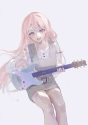 Rule 34 | 1girl, :d, absurdres, artist name, bang dream!, bang dream! it&#039;s mygo!!!!!, chihaya anon, dress, eru daydream, grey dress, grey eyes, guitar, highres, holding, holding guitar, holding instrument, holding plectrum, instrument, jewelry, long hair, long sleeves, necklace, open mouth, pinafore dress, pink hair, plaid clothes, plaid dress, plectrum, puffy sleeves, shirt, simple background, sitting, sleeveless, sleeveless dress, smile, solo, teeth, upper teeth only, white background, white shirt