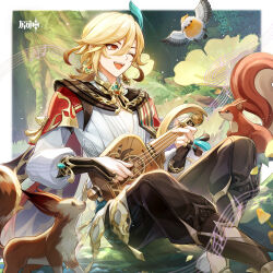 Rule 34 | 1girl, ;d, absurdres, bird, black bridal gauntlets, black pants, blonde hair, bridal gauntlets, copyright name, fingernails, fox, genshin impact, hair between eyes, highres, holding, holding instrument, instrument, kaveh (genshin impact), male focus, missing commentary, music, official art, one eye closed, open mouth, pants, playing instrument, red eyes, shirt, sitting, smile, solo, squirrel, teeth, upper teeth only, white bird, white shirt
