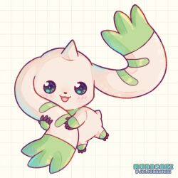 Rule 34 | digimon, digimon (creature), green fur, grid background, looking at viewer, murasaki (julymurasaki), no humans, open mouth, solo, terriermon, two-tone fur, white fur