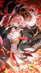 Rule 34 | 1girl, absurdres, ahoge, bare shoulders, black collar, black jacket, black thighhighs, body markings, braid, breasts, bright pupils, changli (wuthering waves), cleavage, closed mouth, collar, colored extremities, commentary request, dress, feather hair, hair extensions, hair intakes, hair ornament, heiyizhushenxia, highres, holding, jacket, large breasts, looking at viewer, multicolored hair, pink hair, red hands, ring hair extensions, smile, solo, tacet mark (wuthering waves), thigh strap, thighhighs, twin braids, two-tone hair, white dress, white hair, white pupils, wuthering waves, yellow eyes