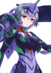 1girl armor bad_id bad_pixiv_id blush bodysuit breasts covered_navel eva_01 female_focus gainax headgear large_breasts looking_at_viewer mecha_musume mecha_pilot_suit neon_genesis_evangelion personification pink_eyes plugsuit_(evangelion) purple_armor short_hair silver_hair skin_tight smile solo vuccha white_background