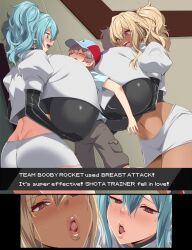 1boy 2girls age_difference blonde_hair blue_hair blush breasts cleavage crop_top dark-skinned_female dark_skin elbow_gloves english_text female_pervert gigantic_breasts girl_sandwich gloves hanging_legs highres huge_breasts kloah long_hair multiple_girls nintendo open_mouth pervert pokemon rape red_eyes sandwiched shota size_difference team_rocket third-party_edit translated you_gonna_get_raped