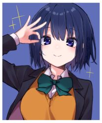 Rule 34 | 1girl, aqua bow, aqua bowtie, black jacket, blue background, blue eyes, blue hair, border, bow, bowtie, cardigan, ciel (tsukihime), closed mouth, collared shirt, commentary request, highres, jacket, long sleeves, looking at viewer, open clothes, open jacket, school uniform, shirt, short hair, simple background, smile, solo, tanka kikurage, tsukihime, tsukihime (remake), white border, white shirt, yellow cardigan