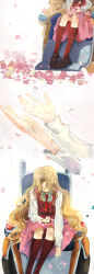 Rule 34 | 1girl, absurdres, ashford academy school uniform, blonde hair, brown footwear, code geass, collared shirt, dress, face in shadow, falling petals, highres, kneehighs, loafers, long hair, multiple views, necktie, nunnally vi britannia, petals, pinafore dress, pink petals, pink skirt, powered wheelchair, red necktie, red socks, school uniform, shirt, shoes, skirt, sleeveless, sleeveless dress, socks, very long hair, wheelchair, white shirt, youlitai