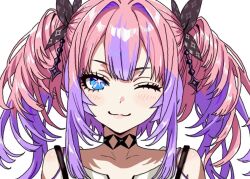 Rule 34 | 1girl, :3, black bra, black choker, blue eyes, blush, bra, bra over clothes, choker, close-up, double-parted bangs, fgk miyabi, flow glow (hololive), hair intakes, head tilt, hololive, hololive dev is, kikirara vivi, long hair, long sidelocks, looking at viewer, multicolored hair, pink hair, purple hair, shirt, sidelocks, simple background, smile, solo, sparkle print, star-shaped gem, twintails, two-tone hair, underwear, virtual youtuber, white background, white shirt