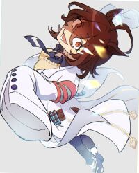 1girl agnes_tachyon_(umamusume) ahoge animal_ears black_necktie black_pantyhose black_shirt boots breasts brown_hair collared_shirt grey_background hair_between_eyes highres horse_ears horse_girl horse_tail lab_coat leaning_back looking_at_viewer necktie open_mouth outstretched_arms pantyhose red_eyes sekiyu_inu shirt short_hair short_necktie simple_background sleeves_past_fingers sleeves_past_wrists small_breasts smile solo spread_arms sweater tail test_tube umamusume white_boots yellow_sweater