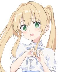1girl :d blonde_hair blue_ribbon blush commentary_request domotteru green_eyes hair_between_eyes hair_intakes hair_ornament hands_up happy heart heart_hands long_hair looking_at_viewer neck_ribbon open_mouth puffy_short_sleeves puffy_sleeves ribbon ringed_eyes shirt short_sleeves sidelocks simple_background smile solo summer_pockets tsumugi_wenders twintails upper_body very_long_hair white_background white_shirt x_hair_ornament