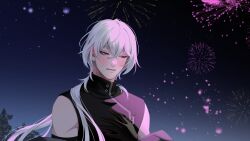 1boy :d a_date_with_death aegyo aerial_fireworks averting_eyes blush casper_(a_date_with_death) fireworks gradient_background hair_flowing_over hair_over_shoulder highres jacket jacket_partially_removed jellyfish_cut large_variant_set light_particles male_focus nervous night night_sky non-web_source official_art open_mouth red_eyes sky sleeveless sleeveless_turtleneck smile solo surprised tree turtleneck upper_body variant_set white_hair wide-eyed