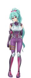 1girl anime_coloring armor bare_shoulders belt blue_hair bodysuit breasts closed_mouth collarbone detached_sleeves empty_eyes full_body hair_between_eyes hair_ribbon high_ponytail japanese_armor kote large_breasts long_hair long_sidelocks looking_at_viewer momochi_ayame_(neet_kunoichi) neet_de_otaku_na_kunoichi_to_naze_ka_dousei_hajimemashita official_art pink_ribbon ponytail purple_bodysuit red_eyes ribbon shin_guards shirt sidelocks simple_background skin_tight smile solo standing suzuki_masahiko_(animator) thigh_belt thigh_strap transparent_background tsurime wavy_hair white_shirt