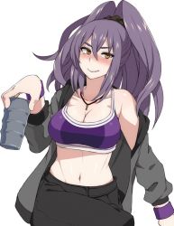 1girl blush breasts cleavage drink female_focus glass hair_ribbon ichinose_shiori jacket jewelry kupala large_breasts lipstick long_hair looking_at_viewer makeup midriff navel necklace ponytail purple_hair purple_lips ribbon ring_dream smile solo sports_bra white_background wristband yellow_eyes