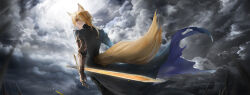 1boy absurdres animal_ear_fluff animal_ears arknights black_coat blonde_hair closed_mouth cloud cloudy_sky coat from_behind from_below gauntlets highres horse_ears long_hair looking_at_viewer looking_back male_focus mlynar_(arknights) single_gauntlet sky solo sword weapon wide_shot yellow_eyes yi_ke_bo_he_tang