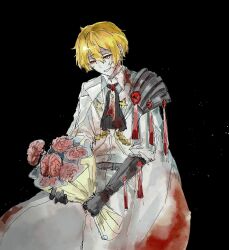 Rule 34 | 1boy, absurdres, armor, black background, black gloves, blonde hair, blood, blood on clothes, bouquet, collared shirt, flower, formal clothes, frills, gloves, grin, hair between eyes, highres, holding, holding bouquet, jacket, jacket on shoulders, kanakaein29903, limbus company, looking at object, male focus, n corp. fanatic (identity) (project moon), necktie, open mouth, project moon, shirt, shoulder armor, sinclair (project moon), sitting, smile, solo, sparkle, suit, tears, white suit