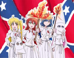 4girls blonde_hair blue_eyes blue_hair bocchi_the_rock! confederate_flag cross fire gotoh_hitori green_eyes hat ijichi_nijika kita_ikuyo ku_klux_klan mask multiple_girls pink_hair red_eyes red_hair robe torch white_robe yamada_ryo yellow_eyes