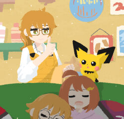 1boy 2girls :o ahoge brown-framed_eyewear brown_eyes brown_hair chan_chiho chan_mama closed_eyes closed_mouth commentary_request dot_nose drooling earrings eyelashes gen_2_pokemon glasses green_eyes hair_ornament harumi_(pokemon) indoors jewelry lightning_bolt lightning_bolt_hair_ornament lightning_bolt_symbol long_hair mother_and_daughter mother_and_son multicolored_eyes multiple_girls nintendo open_mouth overalls pichu pokemon pokemon_(creature) pokemon_kids_tv ponytail round_eyewear saliva shelf shirt sleeping smile two-tone_eyes white_shirt yakitaka_riza yellow_overalls