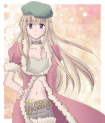 Rule 34 | 1girl, bandeau, beret, blonde hair, braid, closed mouth, coat, commentary request, cowboy shot, expressionless, fur-trimmed coat, fur-trimmed shorts, fur-trimmed sleeves, fur trim, green bandeau, green hat, grey shorts, half up braid, hand on own hip, hat, long hair, looking at viewer, midriff, navel, open clothes, open coat, orange background, purple eyes, ragnarok online, red coat, rogue (ragnarok online), sharari, short shorts, short sleeves, shorts, solo