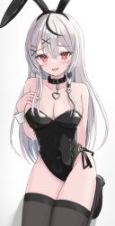 1girl absurdres alternate_costume animal_ears black_collar black_hair black_leotard black_shoes black_thighhighs breasts cleavage collar fake_animal_ears hair_ornament hairpin highres hololive large_breasts leotard long_hair looking_at_viewer multicolored_hair playboy_bunny rabbit_ears red_eyes sakamata_chloe shoes smile solo strapless strapless_leotard streaked_hair tamamorh thighhighs virtual_youtuber white_wrist_cuffs wrist_cuffs x_hair_ornament