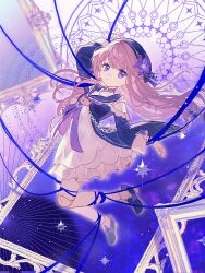 1girl absurdres arm_up beret black_hat brown_hair choker closed_mouth dididi_laonian_ka doll_joints flower full_body hair_flower hair_ornament hat hat_flower herta_(honkai:_star_rail) herta_(puppet)_(honkai:_star_rail) highres honkai:_star_rail honkai_(series) joints key key_choker long_hair long_sleeves looking_at_viewer magic_circle mirror purple_background purple_choker purple_eyes purple_flower purple_ribbon ribbon solo