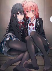 2girls absurdres ass black_hair black_jacket black_pantyhose blazer blue_eyes blush bow bowtie breasts closed_mouth collarbone collared_shirt female_focus full_body hair_bun highres indoors jacket legs long_hair long_sleeves looking_at_viewer medium_breasts miniskirt multicolored_skirt multiple_girls official_art on_floor open_mouth orange_hair panties panties_under_pantyhose pantyhose pantyshot pleated_skirt red_bow red_bowtie red_eyes red_ribbon ribbon scan scared scared_expression school_uniform shirt short_hair single_hair_bun sitting skirt small_breasts striped_clothes striped_panties striped_pantyhose thighs thighs_focus toes underwear white_panties white_shirt worried worried_look yahari_ore_no_seishun_lovecome_wa_machigatteiru. yuigahama_yui yukinoshita_yukino