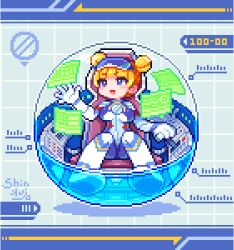 Rule 34 | 1girl, aqua background, blonde hair, blue bodysuit, blue border, blunt bangs, bodysuit, border, breasts, cockpit, cockpit sitting, commentary request, double bun, gashapon, glass cockpit, goggles, goggles on head, grid background, hair bun, large breasts, multicolored bodysuit, open mouth, original, pixel art, science fiction, shinku castle, sitting, smile, solo, vehicle interior, white bodysuit