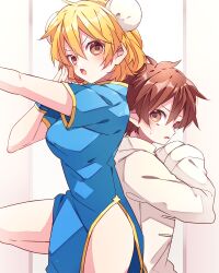 Rule 34 | 1boy, 1girl, amamiya hibiya, blonde hair, blue dress, blush, breasts, brown eyes, brown hair, bun cover, china dress, chinese clothes, commentary request, double-parted bangs, double bun, dress, fighting stance, hair between eyes, hair bun, highres, kagerou project, kaho 0102, kisaragi momo, long sleeves, looking at viewer, medium breasts, open mouth, outstretched arm, shirt, short hair, short sleeves, sweatdrop, v-shaped eyebrows, white shirt