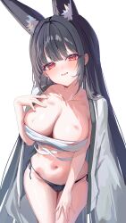 1girl absurdres animal_ear_fluff animal_ears black_hair black_panties blush breasts chest_strap cleavage commission extra_ears fox_ears fox_girl hand_on_own_chest haori highres japanese_clothes large_breasts long_hair looking_at_viewer navel open_mouth original panties red_eyes ri_yonn sidelocks solo stomach underwear white_haori