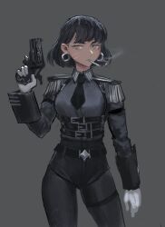 1girl arm_at_side arm_strap arm_up armband belt belt_around_waist belt_buckle black_armband black_belt black_hair black_necktie black_pantyhose black_shirt black_shorts black_sleeve_cuffs breasts buckle chest_harness cigarette collared_shirt commentary contrapposto cowboy_shot dress_shirt earrings english_commentary epaulettes eyebrows_hidden_by_hair facial_scar filigree framed_breasts furrowed_brow glaring gloves green_eyes grey_background gun half-closed_eyes handgun harness high-waist_shorts holding holding_gun holding_weapon hoop_earrings jewelry leather_belt leather_shorts long_eyelashes long_sleeves looking_at_viewer medium_breasts military_rank_insignia military_uniform narrowed_eyes necktie original pantyhose scar scar_on_cheek scar_on_face serious shirt shirt_tucked_in short_hair short_necktie short_shorts shorts simple_background sketch skindentation smoke smoke_trail smoking soldier solo standing straight-on swept_bangs thick_eyelashes thigh_strap thighs too_many too_many_belts underbust vertigris weapon white_gloves wing_collar