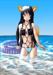 Rule 34 | 1girl, akiyama mio, animal ears, bdsm, bikini, black eyes, black hair, blunt bangs, breasts, chairopen, female focus, glasses, highres, hime cut, innertube, k-on!, long hair, ocean, shibarikini, solo, swim ring, swimsuit, tail, water