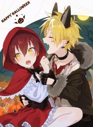 Rule 34 | 2boys, animal ears, black collar, black gloves, black jacket, blonde hair, blood, blood on clothes, blush, candy, capelet, closed eyes, collar, crossdressing, ear piercing, fang, fingerless gloves, food, frills, fur-trimmed jacket, fur trim, gloves, hair between eyes, halloween, happy halloween, highres, holding another&#039;s wrist, hood, hood up, jack-o&#039;-lantern, jacket, long sleeves, male focus, multiple boys, open clothes, open jacket, open mouth, original, pantyhose, piercing, pillow (nutsfool), red capelet, red hair, red skirt, skirt, spiked hair, tears, tree, white legwear, wolf ears, yaoi, yellow eyes