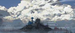 1girl absurdres asteroid_ill backlighting bad_id bad_twitter_id baggy_pants blue_hair blush capri_pants cloud cloudy_sky contrail creatures_(company) dark dewpider film_grain fishing fishing_line fishing_rod flip-flops game_freak gen_1_pokemon gen_7_pokemon grass hairband heads-up_display highres island lake lana_(pokemon) looking_to_the_side mountain muted_color nintendo open_mouth pants pokemon pokemon_(creature) pokemon_sm profile sailor_collar sandals scenery shellder shirt sitting sky sleeveless sleeveless_shirt slowbro slowpoke swimsuit swimsuit_under_clothes translation_request user_interface water yellow_hairband