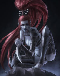 1girl abs armlet armor barefoot bikini blue_eyes blue_lips breasts captdiablo cleavage combat_knife commentary dark dark_eldar dark_elf elf english_commentary eye_tattoo full_body highres holding holding_knife hot jewelry knife lelith_hesperax lips long_hair pale_skin pauldrons pointy_ears ponytail red_hair shoulder_armor sidelocks single_pauldron solo spiked_armor spiked_legwear squatting swimsuit thighhighs toe_ring twin_blades vambraces very_long_hair warhammer_40k weapon