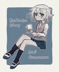 blue_background blue_eyes coffee_mug crossed_legs cup glasses hair_between_eyes highres kagaku_chop medium_hair messy_hair mug pleated_skirt school_uniform shoes simple_background skirt suzuzono_sai sweater_vest ueki_(ueki056) uwabaki white_background white_hair