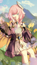 1girl bare_shoulders blue_eyes coat cyrene_(honkai:_star_rail) dress flower hair_ornament highres honkai:_star_rail honkai_(series) jewelry lin_shuhai looking_at_viewer medium_hair pink_hair pink_pupils purple_coat smile solo sunflower white_dress