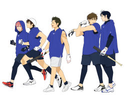 5boys ace_of_diamond backwards_hat baseball_bat baseball_cap black_gloves black_hair blue_eyes blue_shirt brown_eyes brown_hair cross-body_stretch exercising furuya_satoru glasses gloves green_eyes green_hair hat highres holding holding_baseball_bat hood jogging kominato_ryousuke kuramochi_youichi pantyhose_under_shorts looking_at_another male_focus miyuki_kazuya multiple_boys pantyhose pink_hair red_footwear sawamura_eijun shirt shoes short_hair shorts simple_background smile sportswear stretching twoframe white_footwear white_gloves