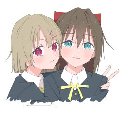 2girls black_jacket blue_eyes blush bow brown_hair collared_shirt commentary cropped_torso hair_between_eyes hair_bow hand_on_another&#039;s_shoulder haruruhaharur heads_together highres hug jacket long_hair looking_at_viewer love_live! love_live!_nijigasaki_high_school_idol_club multiple_girls nakasu_kasumi neck_ribbon nijigasaki_school_uniform osaka_shizuku red_bow red_eyes ribbon school_uniform shirt short_hair sidelocks simple_background smile symbol-only_commentary v white_background white_shirt yuri