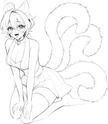 1girl :3 :d ahoge animal_ears bare_arms bare_shoulders bell blush breasts cat_ears cat_girl cat_tail choker cleavage collarbone commentary double-parted_bangs english_commentary eyelashes fangs from_above full_body greyscale hair_between_eyes hair_intakes hands_on_own_knees highres japanese_clothes kimono large_breasts lips looking_at_viewer miniskirt monochrome neck_bell no_shoes open_mouth original pleated_skirt sasucchi95 seiza short_hair simple_background sitting sketch skirt sleeveless sleeveless_kimono smile solo tail teeth thighhighs tongue tri_tails white_background youko_(sasucchi95) zettai_ryouiki