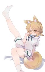 Rule 34 | 1girl, absurdres, animal ear fluff, animal ears, ankle socks, blonde hair, closed mouth, fox ears, fox girl, fox tail, green ribbon, gumingdi ban, hair between eyes, highres, kudamaki tsukasa, leg up, looking at viewer, neck ribbon, ribbon, romper, short hair, short sleeves, simple background, sleeve ribbon, socks, solo, tail, touhou, white background, white romper, white socks, yellow eyes