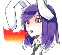 Rule 34 | 1girl, absurdres, animal ears, black necktie, breath weapon, breathing fire, commentary request, cookie (touhou), fire, highres, hisui (cookie), looking afar, necktie, nukazuke (nukanukadukeduk), open mouth, pink eyes, portrait, rabbit ears, rabbit girl, reisen udongein inaba, simple background, smile, solo, swept bangs, touhou, upper body, white background