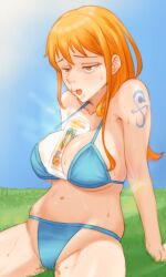 Rule 34 | 1girl, arm support, bare arms, bare shoulders, between breasts, bikini, blue bikini, blue sky, breasts, can between breasts, cleavage, collarbone, commentary, cowboy shot, crotch, english commentary, futz 11, grass, halterneck, hot, large breasts, long hair, monster energy, nami (one piece), navel, one piece, open mouth, orange eyes, orange hair, outdoors, shoulder tattoo, single sidelock, sitting, sky, solo, steaming body, stomach, string bikini, sweat, swimsuit, tattoo