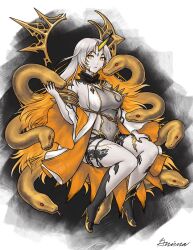 1girl blonde_hair commentary covered_navel dress english_commentary facial_mark fire_emblem fire_emblem_heroes grey_dress grey_hair grimaisbestwaifu gullveig_(fire_emblem) highres long_hair multicolored_hair nintendo pale_skin signature snake snake_hair solo two-tone_hair very_long_hair yellow_eyes