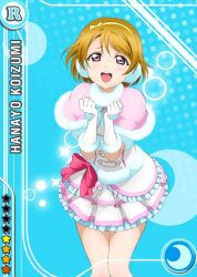 1girl :d anime_coloring blue_background blush brown_hair capelet card_(medium) clenched_hands earmuffs frilled_skirt frills gloves hands_up koizumi_hanayo looking_at_viewer love_live! love_live!_school_idol_festival love_live!_school_idol_project official_art open_mouth pigeon-toed pink_capelet pink_ribbon purple_eyes raised_inner_eyebrows ribbon shirt short_hair skirt smile snow_halation solo standing star_(symbol) teeth upper_teeth_only white_shirt yellow_ribbon