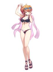 =_hair_ornament ahoge arm_up bikini black_bikini black_choker bracelet breasts choker cleavage commentary_request earrings eyewear_on_head feet front-tie_bikini_top front-tie_top full_body gradient_hair grin hair_ornament hairclip hand_up holding holding_own_hair hololive hololive_dev_is ichijou_ririka jacket jacket_on_shoulders jewelry long_hair medium_breasts multicolored_hair navel official_alternate_hairstyle orange_eyes orange_hair pendant_choker pink_hair pink_jacket sandals side-tie_bikini_bottom sidelocks simple_background smile star_pendant stomach sunglasses swimsuit tachi-e toes tokisaka_makoto two_side_up virtual_youtuber white_background white_bikini