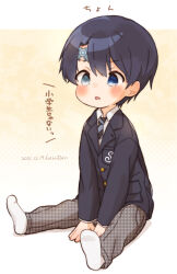 1boy artist_name black_hair blue_eyes blush child collared_shirt commentary_request dated diagonal-striped_clothes diagonal-striped_necktie dot_nose facial_mark far_tarooo forehead_mark hair_between_eyes heterochromia highres hiro_(far_tarooo) houndstooth jacket layered_sleeves long_sleeves male_focus monogram necktie open_mouth original pants parted_bangs patterned_clothing school_uniform shirt sitting socks solo striped_clothes suit_jacket translation_request white_shirt white_socks wing_collar